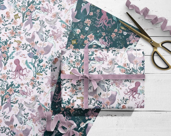 Mermaid Gift Wrap: Whimsical Ocean Illustration with Tag, scrapbooking