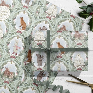 Papier cadeau de Noël avec animaux des bois - avec étiquette - Emballage cadeau de Noël - Vert - Hibou - Noël magique - Noël pour enfants - Emballage de luxe