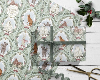 Woodland Animal Christmas Wrapping Paper - with Tag - Christmas Gift wrap - Green - Owl - Magical Christmas - Kids Christmas - Luxury wrap