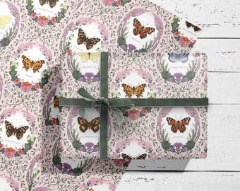 Butterfly Gift Wrap: Watercolour British Wildlife, Scrapbooking Paper, Pink wrap