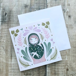 Russian Doll Greeting Card / Matryoshka Greeting Card / Folk Art / Peach and Green / Luxury Square Card / Folk Style Notecard image 2