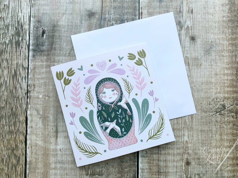 Russian Doll Greeting Card / Matryoshka Greeting Card / Folk Art / Peach and Green / Luxury Square Card / Folk Style Notecard image 2