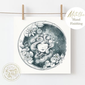 Celestial Moon Print - Fairytale Wall Art - The Kind Moon -Magical gift - Hand Finished - Folktale illustration - Gold