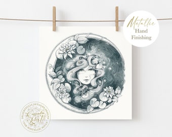 Celestial Moon Print - Fairytale Wall Art - The Kind Moon -Magical gift - Hand Finished - Folktale illustration - Gold