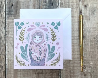 Russian Doll Greeting Card / Matryoshka Greeting Card / Folk Art / Pink & Purple / Square Blank Card / Folk art style Notecard / Watercolour