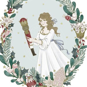 Clara (from the ballet The Nutcracker) in a white dress holds a red and gold Nutcracker in her hands. The background is a wreath of green leaves, red berries, and gold stars.