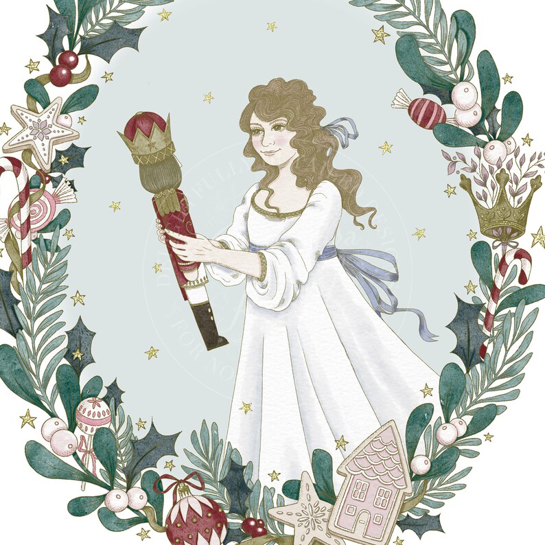 Clara (from the ballet The Nutcracker) in a white dress holds a red and gold Nutcracker in her hands. The background is a wreath of green leaves, red berries, and gold stars.