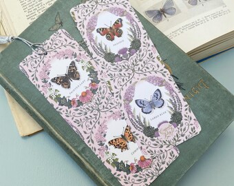 Butterfly bookmark, British Wildlife gift, floral pink bookmark with or without tassel
