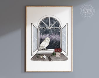 Owl Art Print - Magical wall art - London cityscape - Festive - Celestial art- A4/A5 print - children's book illustration - original art