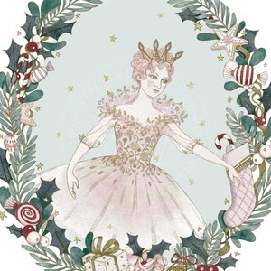 A whimsical illustration of the Sugar Plum Fairy wearing a pink dress and a crown, surrounded by a wreath of holly and other festive greenery.
