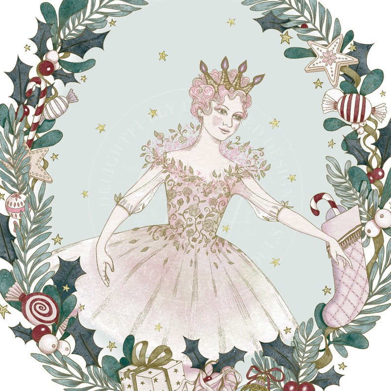 A whimsical illustration of the Sugar Plum Fairy wearing a pink dress and a crown, surrounded by a wreath of holly and other festive greenery.