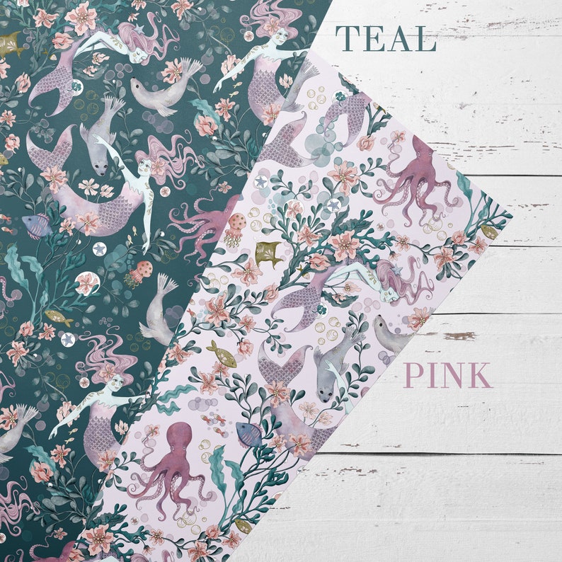 Teal and pink patterned gift wrap featuring a mermaid, octopus, and sea life design. The paper is labelled "TEAL" and "PINK".