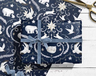 Arctic Animal Christmas Gift Wrap – Polar Bear, Hare, Fox with Tag, celestial holiday