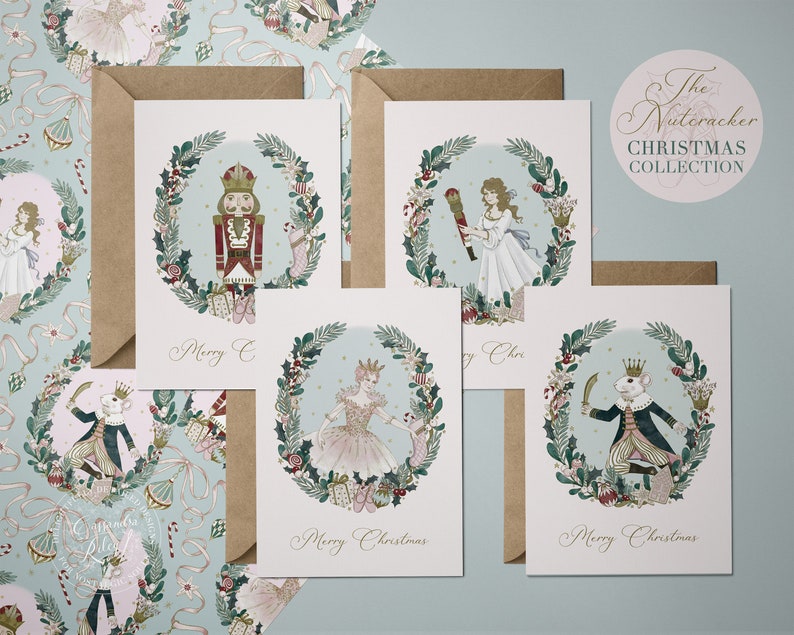 Set of four illustrated Christmas cards featuring characters from The Nutcracker. Each card features a different character in a wreath of greenery with the text "Merry Christmas".