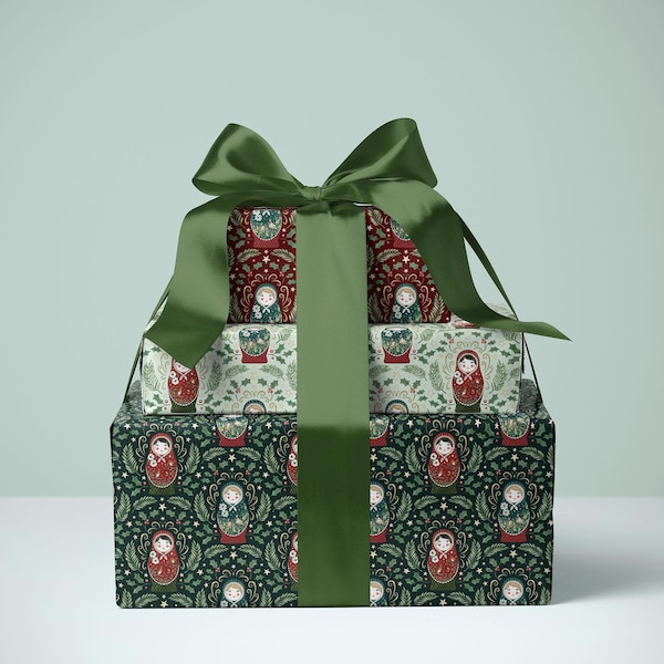 Christmas Russian Doll Gift Wrap - Matryoshka Wrapping Paper - with Tag - Nesting Doll Scrapbook Paper