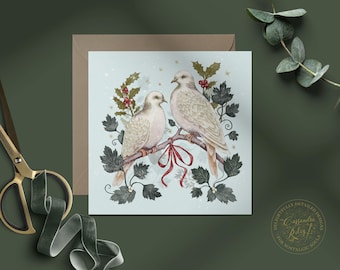 Two Turtle Doves Christmas Card: Watercolour Bird Art, nature themed card