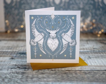 Arctic Animal Christmas Card / Holiday Greeting Card / Owl / Stag / Crystal / Square card / magical / fairytale card