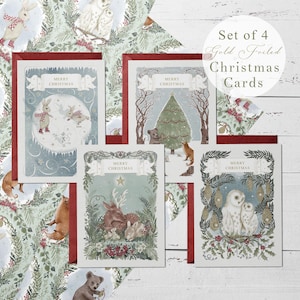 Foiled Woodland Animal Christmas Cards - Set of 4 - cottagecore festive cards