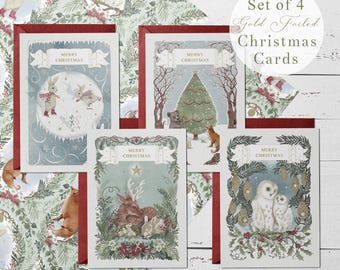 Foiled Woodland Animal Christmas Cards - Set of 4 - cottagecore festive cards