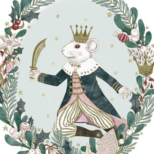 The Mouse King (from the ballet The Nutcracker) wearing a blue and pink royal outfit with a gold crown, holding a sword, surrounded by a wreath of holly and berries.
