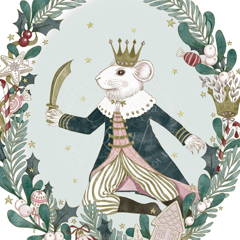 The Mouse King (from the ballet The Nutcracker) wearing a blue and pink royal outfit with a gold crown, holding a sword, surrounded by a wreath of holly and berries.
