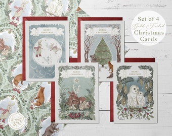 Cartes de Noël d’animaux des bois - Ensemble de cartes de Noël déjouées - Noël magique - Ensemble de cartes de vœux de 4 - Noël pour enfants - Cartes de vacances