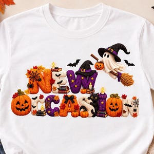 Peut inclure: Un t-shirt blanc à manches courtes avec un motif coloré portant l'inscription NEW OCCASION. Les lettres sont ornées de citrouilles, d'un fantôme sur un balai, d'un chat noir, de chapeaux de sorcière, de bougies, de feuilles et de toiles d'araignée.