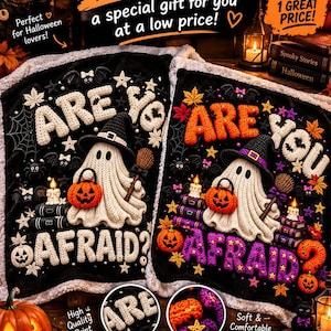 Peut inclure: Deux couvertures rectangulaires sur fond noir avec un fantôme blanc portant un chapeau de sorcière, tenant un seau citrouille, près de livres et de bougies. Le texte indique ARE YOU AFRAID? en blanc ou en orange et violet.
