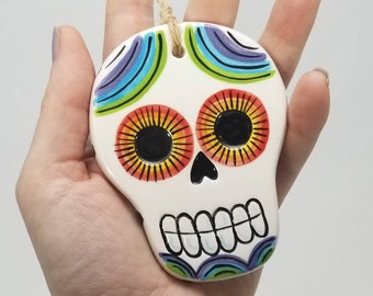 sugar skull ornament / day of the dead / hanging skull / halloween decoration / hand painted skull / ceramic skull / ceramic ornament