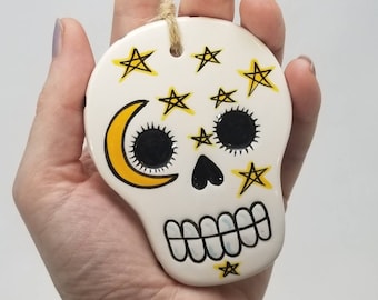 sugar skull ornament / day of the dead / hanging skull / halloween decoration / hand painted skull / ceramic skull / moon and stars