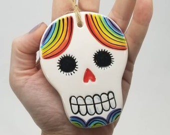 sugar skull ornament / day of the dead / hanging skull / halloween decoration / hand painted skull / ceramic skull / ceramic ornament