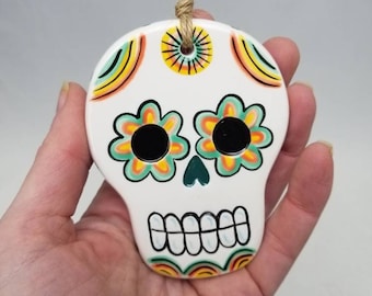 sugar skull ornament / day of the dead / hanging skull / halloween decoration / hand painted skull / ceramic skull / ceramic ornament