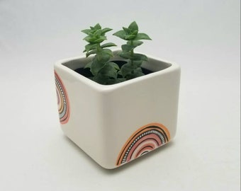 hand painted ceramic planter / square planter / modern planter / geometric design / sage holder / flower pot / colorful planter / plant cube