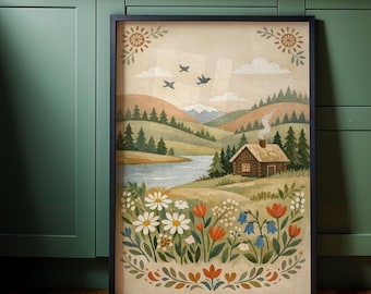 Nordic Cabin Landscape Art Print, Scandinavian Folk Art (Digital Download)