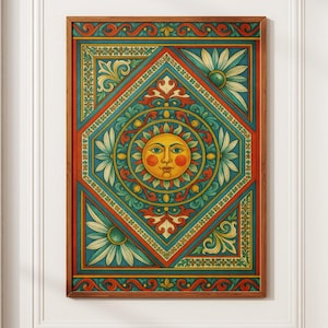 May include: A framed art print with a stylized sun at the centre. The artwork has a symmetrical design with a teal, red, and yellow colour palette, and floral and geometric patterns.