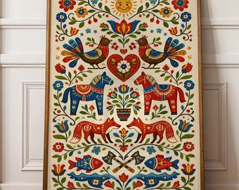 Scandinavian Folk Art Print, Nordic Folk Illustration, Swedish Folk Wall Art, Vintage Scandinavian Decor, Printable Art, Digital Download