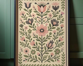 Pastel Scandinavian Floral Print, Nordic Folk Art Poster (Digital Download)