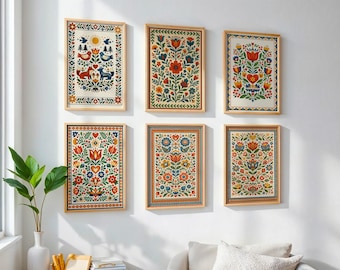 Set of 6 Scandinavian Folk Art Prints, Colorful Nordic Floral Wall Art (Digital Download)