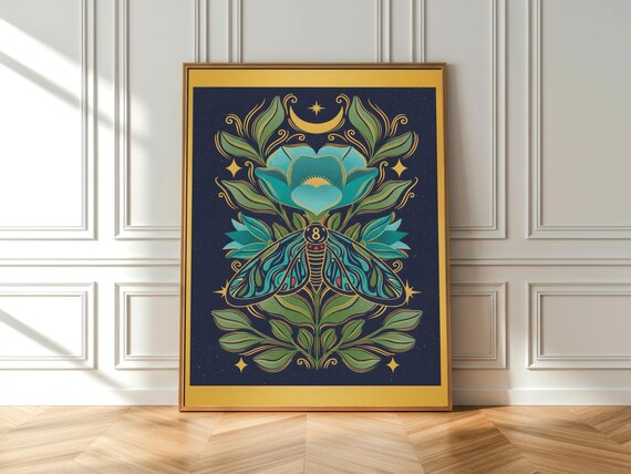 Mystical Moth Wall Art, Art Nouveau Print, Celestial Moon Poster, Gothic Botanical Decor, Digital Download