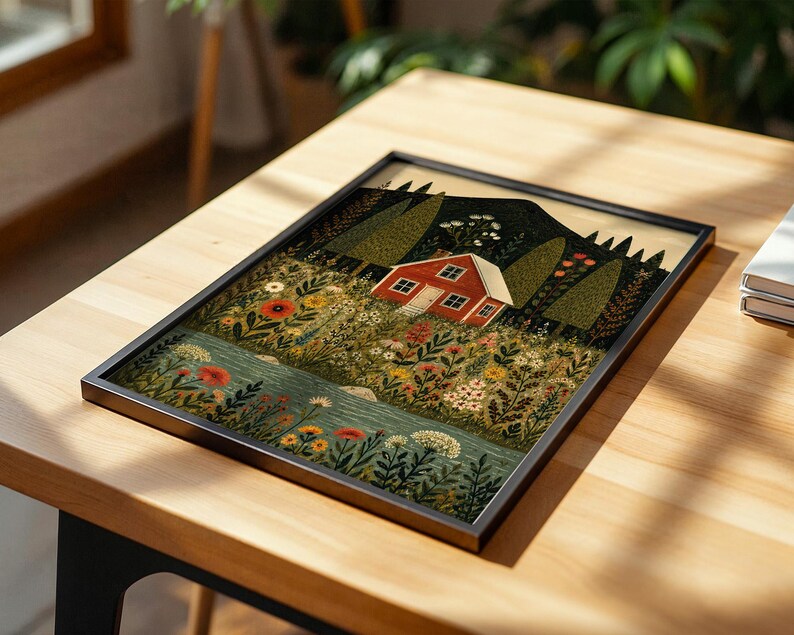 May include: Framed art print featuring a whimsical illustration of a red house nestled in a vibrant meadow. The artwork showcases a serene landscape with a river, colorful flowers, and tall trees, all set against a mountain backdrop. The print is encased in a black frame.
