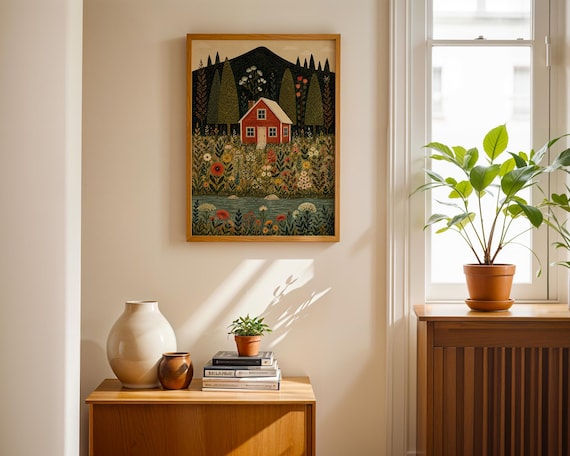 Scandinavian Cottage Wall Art Print, Folk Art Landscape Poster, Rustic Cabin Meadow Decor, Nordic Botanical Digital Download