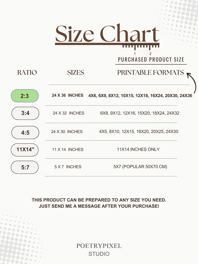 May include: A size chart with the title "Size Chart" in a brown font. The chart lists sizes in inches for various ratios, including 2:3, 3:4, 4:5, 11x14", and 5:7. Printable formats are also listed. The text "POETRYPIXEL STUDIO" is at the bottom.