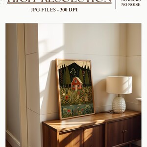 May include: A framed art print featuring a red house in a colorful garden scene. The artwork is displayed on a wooden cabinet, next to a white lamp. The text "HIGH RESOLUTION" and "JPG FILES - 300 DPI" are visible at the top. The studio name "POETRYPIXEL" is at the bottom.