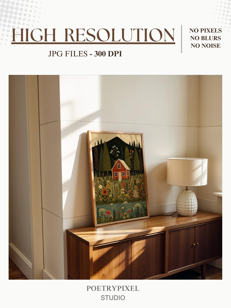 May include: A framed art print featuring a red house in a colorful garden scene. The artwork is displayed on a wooden cabinet, next to a white lamp. The text "HIGH RESOLUTION" and "JPG FILES - 300 DPI" are visible at the top. The studio name "POETRYPIXEL" is at the bottom.