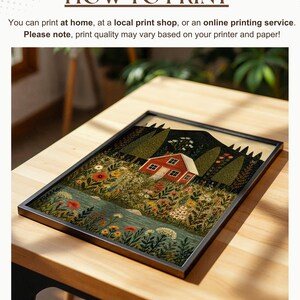 May include: A framed art print featuring a red house with a white roof nestled in a field of flowers and trees. The artwork is set against a backdrop of a mountain and a river. The text "HOW TO PRINT" and "POETRYPIXEL STUDIO" are also visible.
