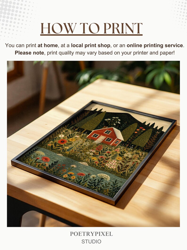May include: A framed art print featuring a red house with a white roof nestled in a field of flowers and trees. The artwork is set against a backdrop of a mountain and a river. The text "HOW TO PRINT" and "POETRYPIXEL STUDIO" are also visible.