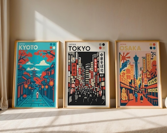 Japanese City Poster Trio, Tokyo Osaka Kyoto Art Prints (Digital Download)