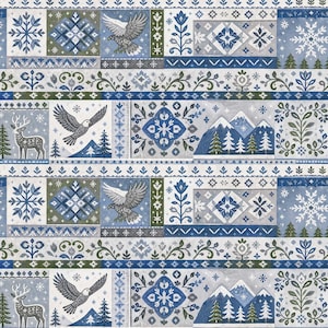 May include: A patterned fabric featuring a repeating winter scene with eagles in flight, deer, snow-capped mountains, evergreen trees, and snowflakes. The design incorporates geometric shapes and floral motifs in shades of blue, white, and green.