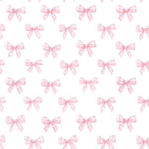May include: A repeating pattern of light pink and white gingham bows arranged in a grid on a solid white background. Each bow features a soft watercolor texture with a classic tied knot design, creating a consistent and uniform decorative motif.