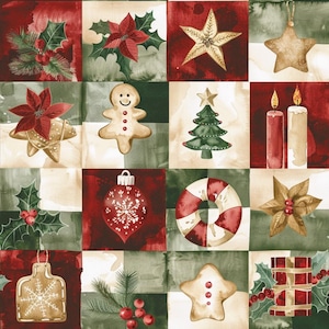 Può includere: Un motivo in tessuto con una griglia di quadrati che presenta illustrazioni ad acquerello di motivi natalizi, tra cui stelle di Natale, biscotti di pan di zenzero, rami di pino, agrifoglio, stelle, un albero di Natale, candele e regali.